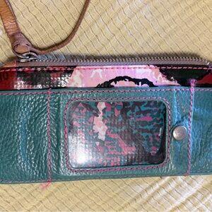 Consuela Teal Leather Wristlet with Pink Stitching and Multicolor ID Window